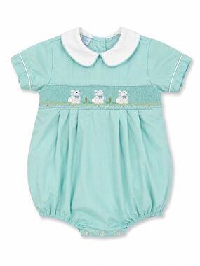Petit Bebe Boys 9M Smocked Easter Bunnies Teal Bubble Spring Rabbit Short Sleeve